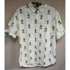 Creative Destruction Mens Button Down Dog Print Short Sleeve Shirt Medium New